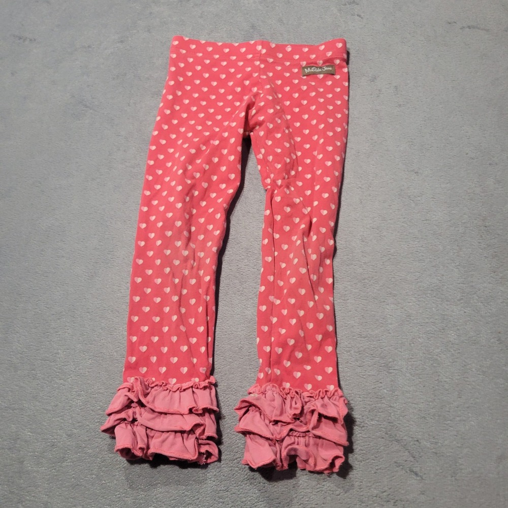 Matilda Jane Leggings Girls Pink White Heart Print Ruffle Hem Boutique Coquette